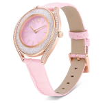 Crystalline aura watch Swiss Made, Leather strap, Pink, Rose gold-tone finish