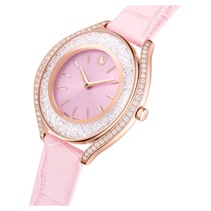 Crystalline aura watch Swiss Made, Leather strap, Pink, Rose gold-tone finish