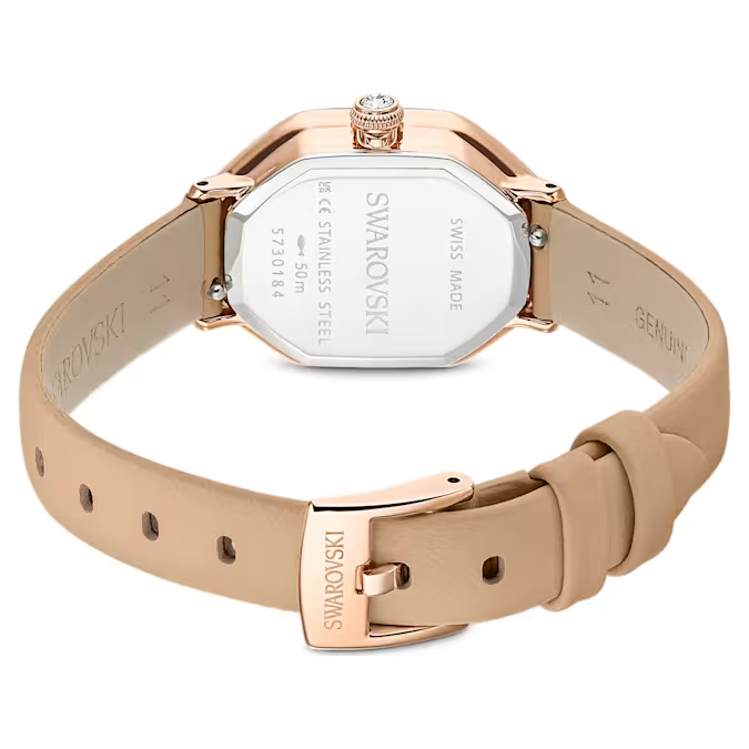 Dextera octagon watch Swiss Made, Leather strap, Brown, Rose gold-tone finish