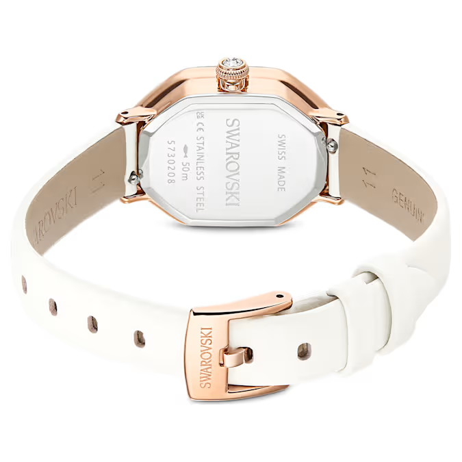 Dextera octagon watch Swiss Made, Leather strap, White, Rose gold-tone finish