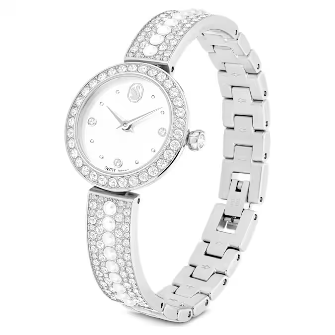 Matrix pearl bangle watch Swiss Made, Crystal bracelet, White, Stainless steel