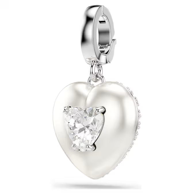 Idyllia charm Mixed cuts, Pearl-colored coating, Heart, White, Rhodium plated