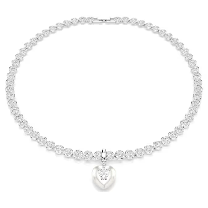 Idyllia charm Mixed cuts, Pearl-colored coating, Heart, White, Rhodium plated