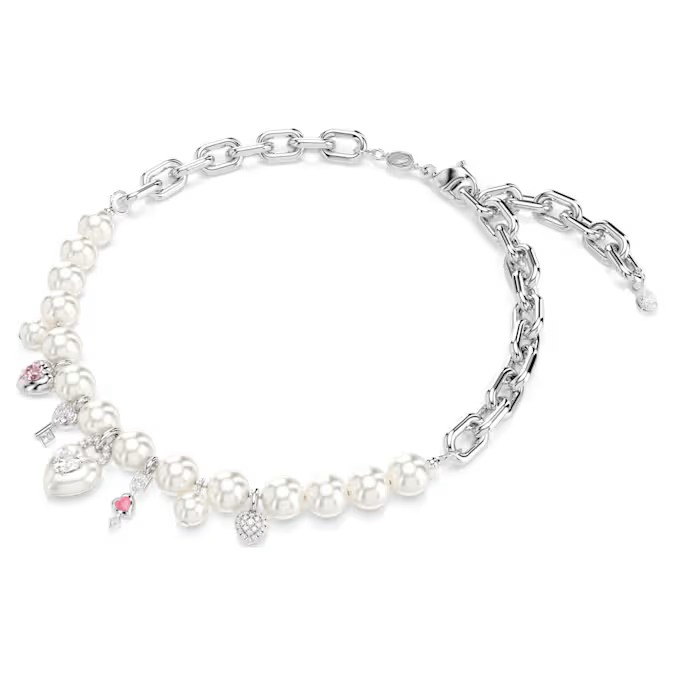 Idyllia necklace Crystal pearl, Mixed cuts, White, Rhodium plated