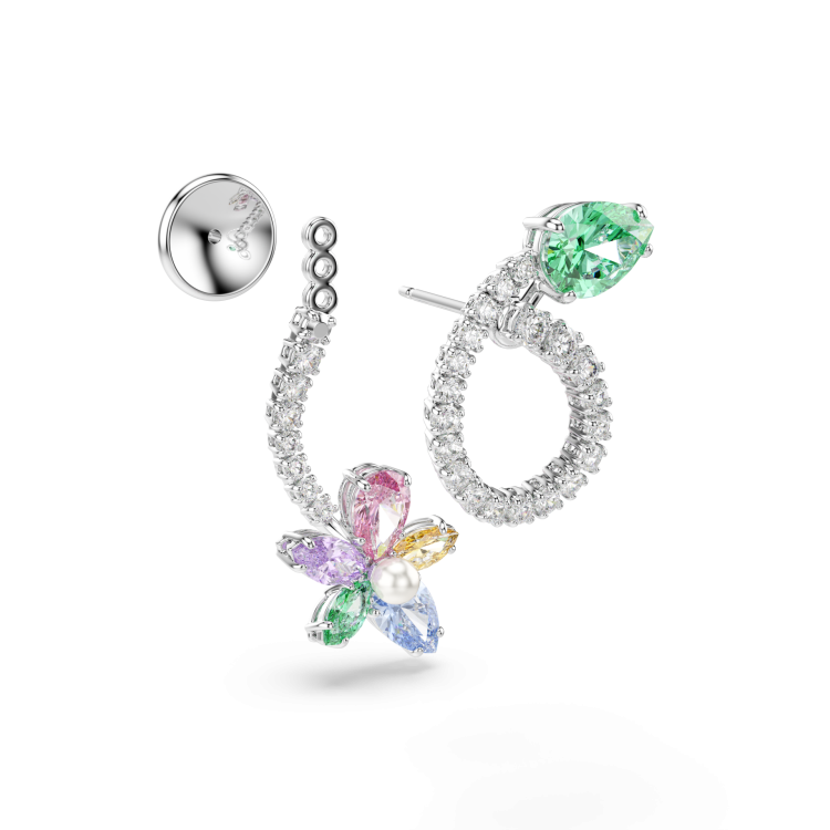 Ariana Grande x Swarovski drop earrings with ear jacket, Mixed cuts, Dragonfly, Flower, Multicolored, Rhodium plated