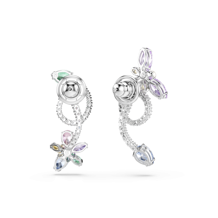 Ariana Grande x Swarovski drop earrings with ear jacket, Mixed cuts, Dragonfly, Flower, Multicolored, Rhodium plated