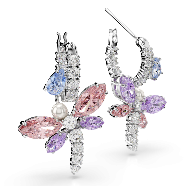 Ariana Grande x Swarovski drop earrings, Mixed cuts, Dragonfly, Multicolored, Rhodium plated