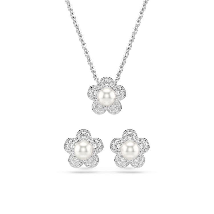 Ariana Grande x Swarovski set, Crystal pearl, Round cut, Flower, White, Rhodium plated