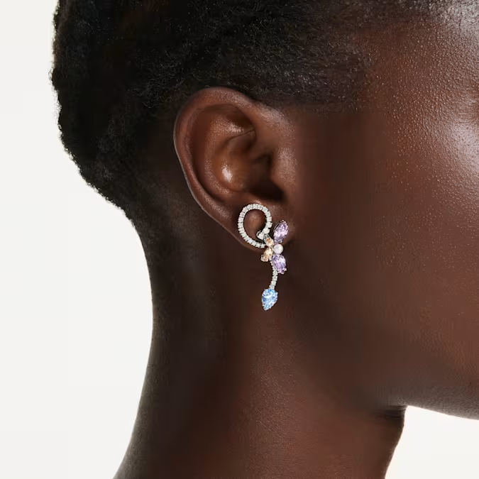 Ariana Grande x Swarovski drop earrings with ear jacket, Mixed cuts, Dragonfly, Flower, Multicolored, Rhodium plated