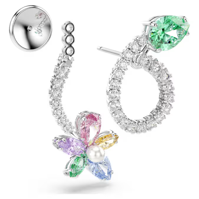 Ariana Grande x Swarovski drop earrings with ear jacket, Mixed cuts, Dragonfly, Flower, Multicolored, Rhodium plated