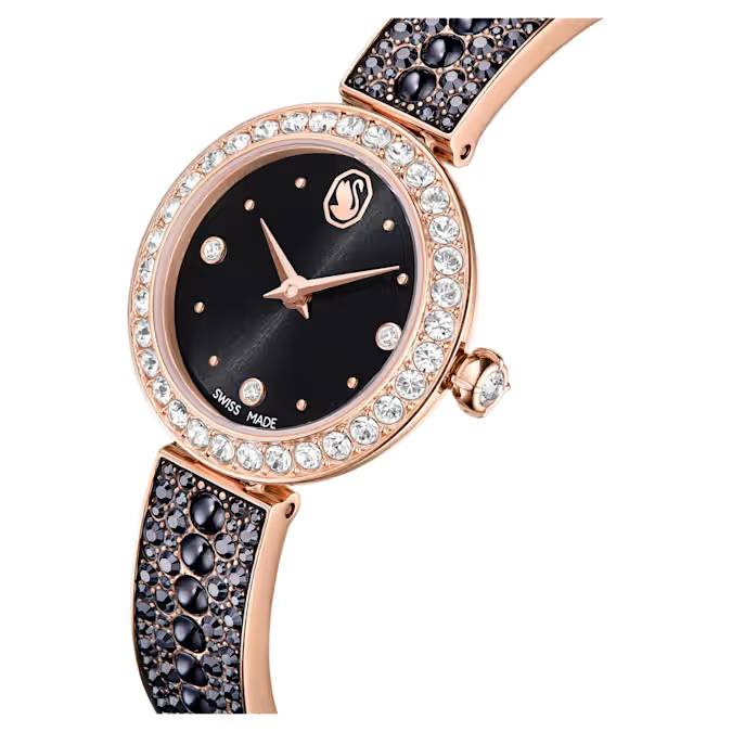Matrix pearl bangle watch Swiss Made, Crystal bracelet, Black, Rose gold-tone finish
