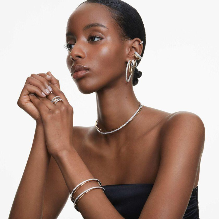Matrix hoop earrings Round cut, White, Rhodium plated