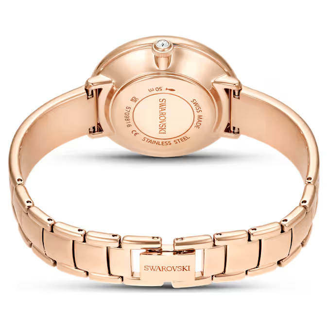 Crystalline bangle watch Swiss Made, Metal bracelet, White, Rose gold-tone finish