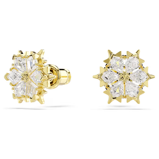 Magic stud earrings Mixed cuts, Snowflake, White, 18K gold finish