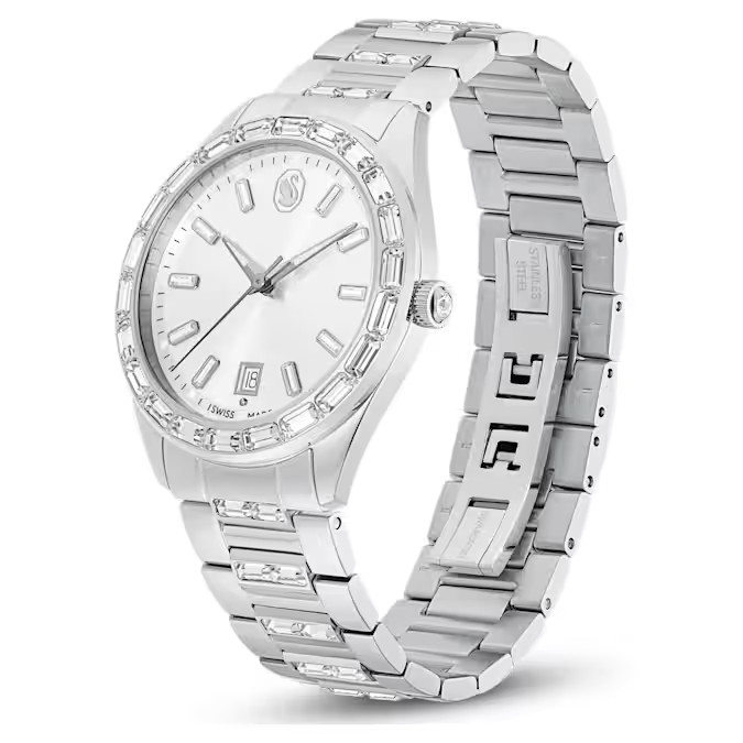 Matrix date watch Swiss Made, Metal bracelet, Silver tone, Stainless steel