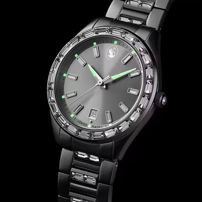 Matrix date watch Swiss Made, Metal bracelet, Silver tone, Stainless steel