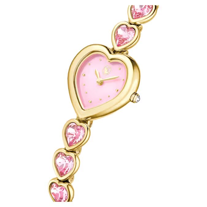 Idyllia Heart watch Crystal bracelet, Pink, Gold-tone finish