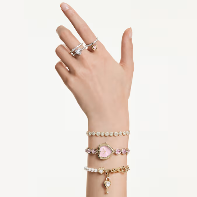 Idyllia Heart watch Crystal bracelet, Pink, Gold-tone finish