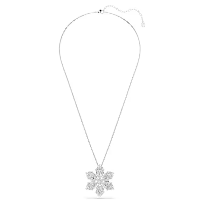 Idyllia pendant and brooch Mixed cuts, Snowflake, White, Rhodium plated