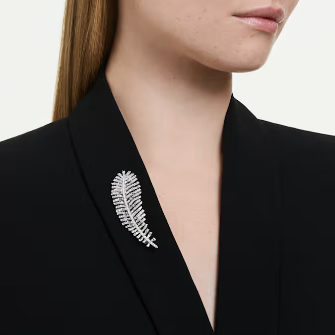 Vienna pendant and brooch Mixed cuts, Feather, White, Rhodium plated