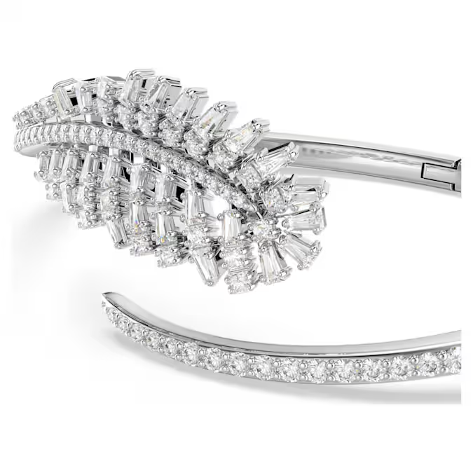 Vienna bangle Mixed cuts, Feather, White, Rhodium plated