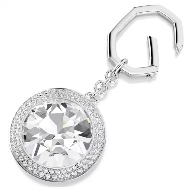 Bag charm Round cut, White, Rhodium plated
