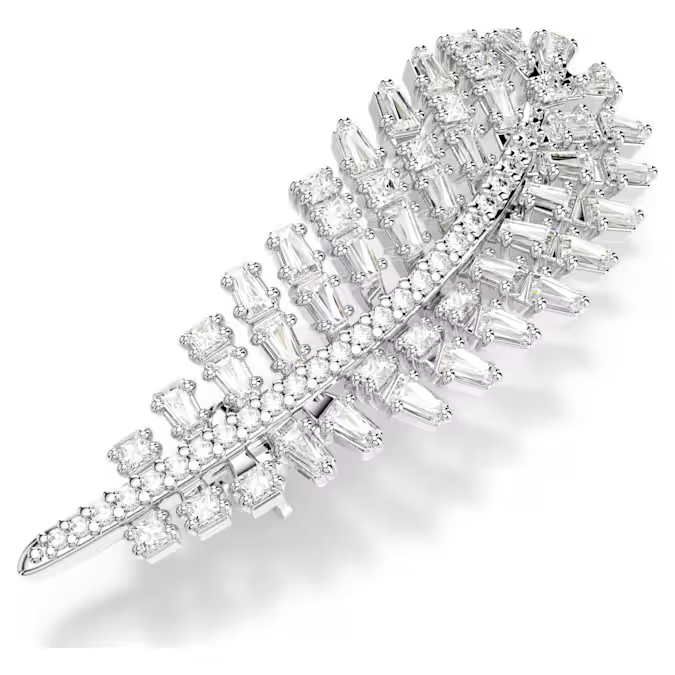 Vienna brooch Mixed cuts, Feather, White, Rhodium plated
