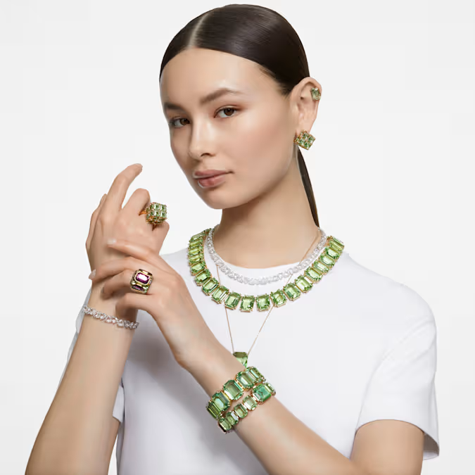Millenia necklace Oversized crystals, Octagon cut, Green, 18K gold finish