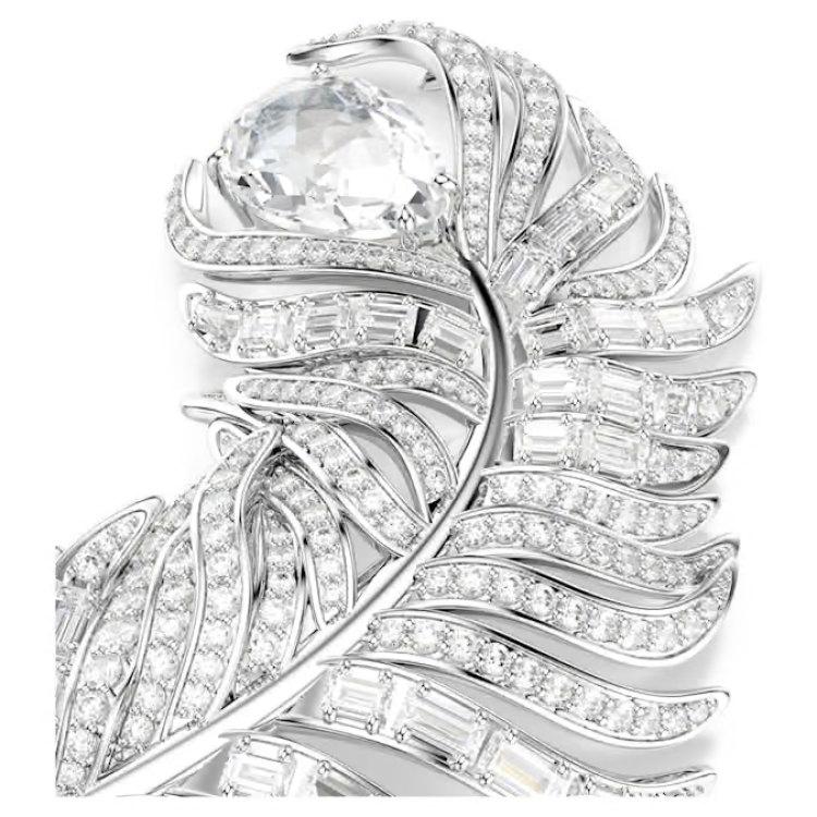 Vienna brooch Mixed cuts, Feather, White, Rhodium plated