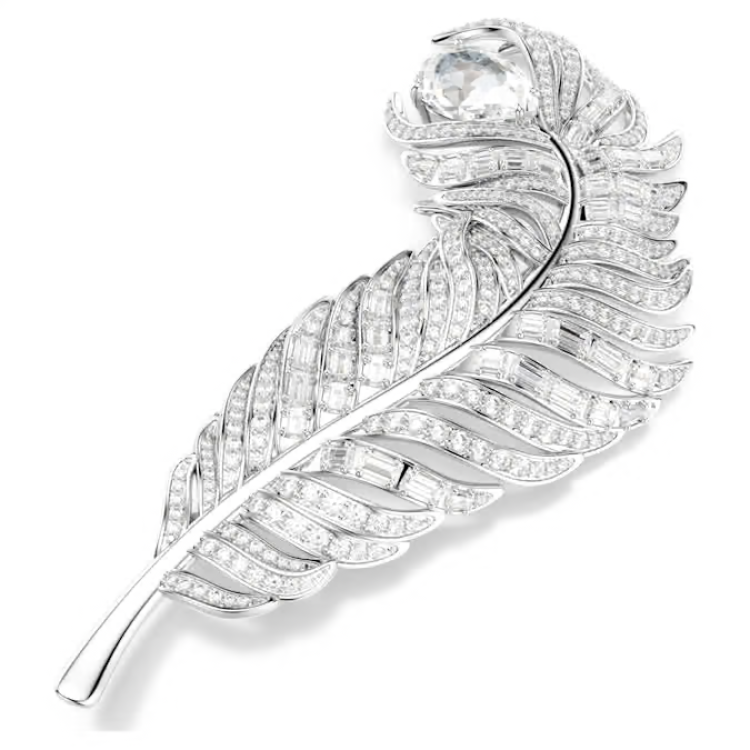 Vienna brooch Mixed cuts, Feather, White, Rhodium plated