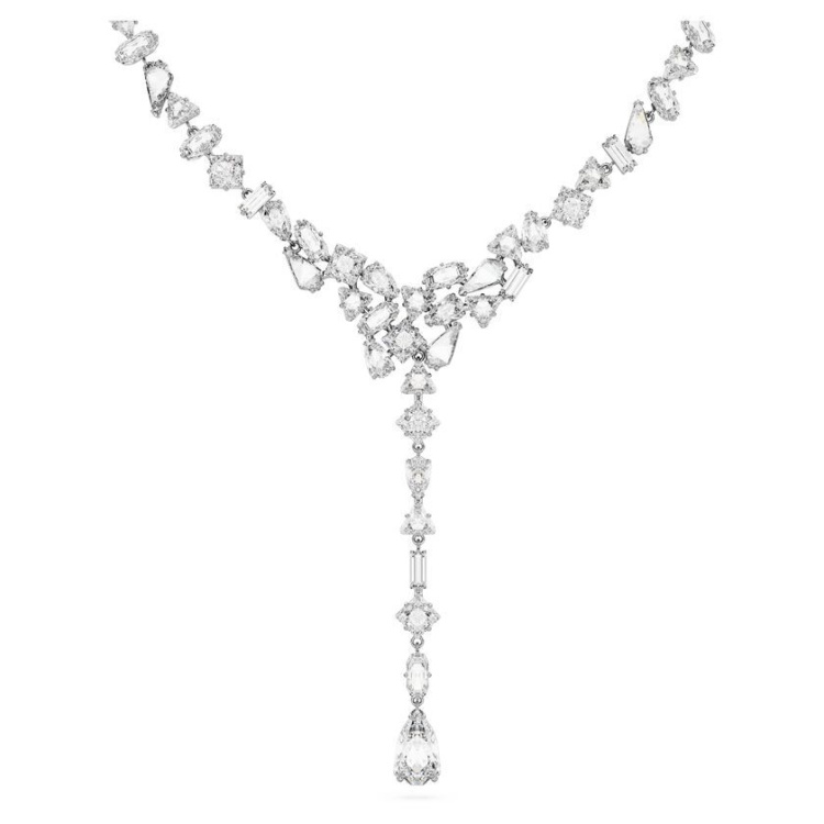 Mesmera Y necklace Mixed cuts, White, Rhodium plated
