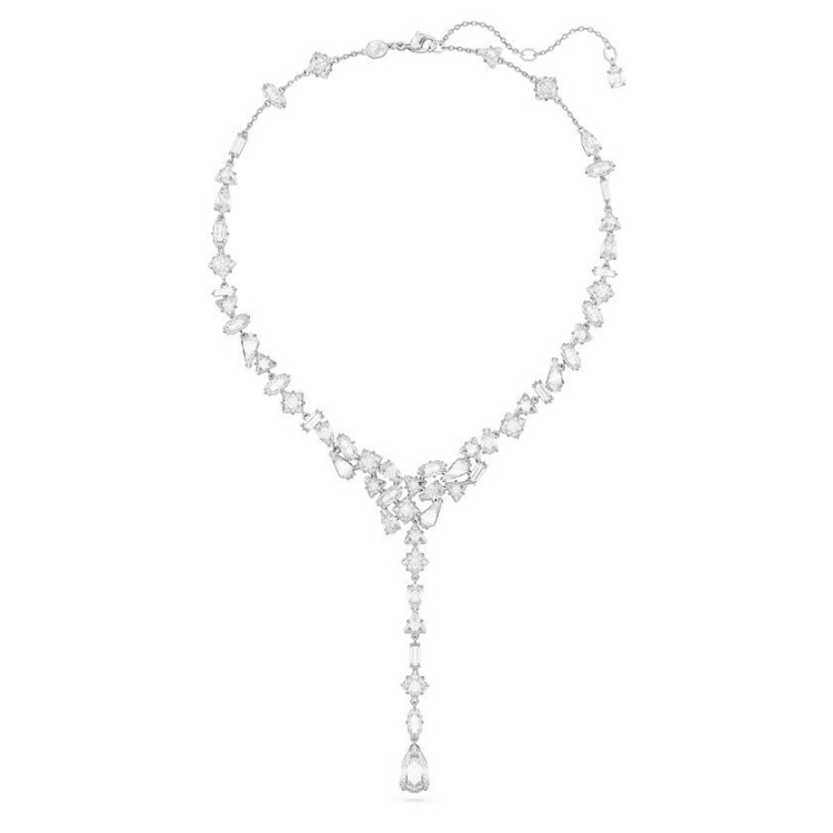 Mesmera Y necklace Mixed cuts, White, Rhodium plated