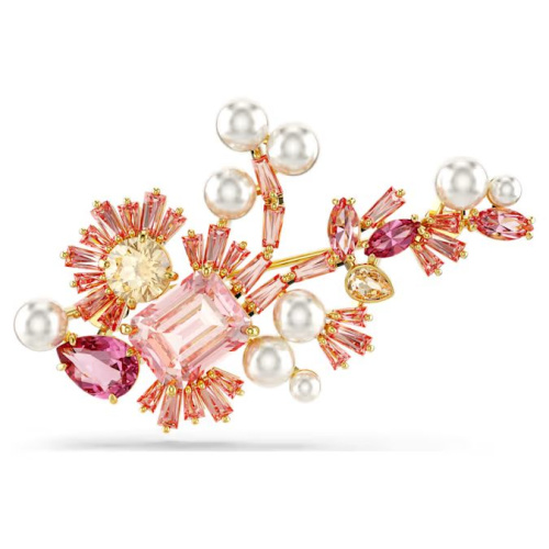 Gema brooch Mixed cuts, Flower, Pink, Gold-tone plated
