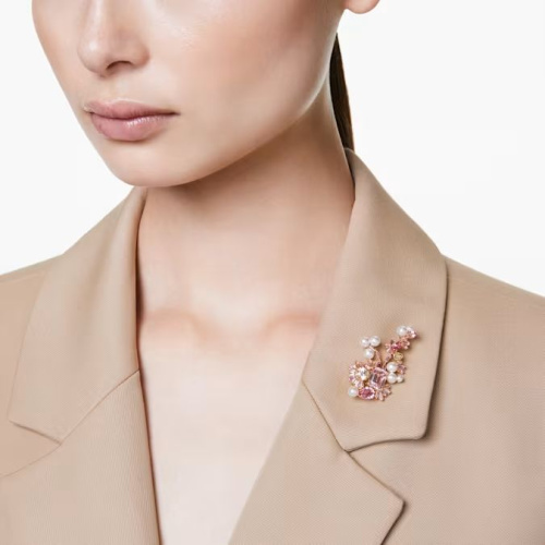 Gema brooch Mixed cuts, Flower, Pink, Gold-tone plated