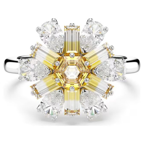 Idyllia cocktail ring Mixed cuts, Flower, Yellow, Rhodium plated