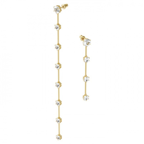 Constella drop earrings Asymmetrical design, Round cut, White, Shiny gold-tone plated