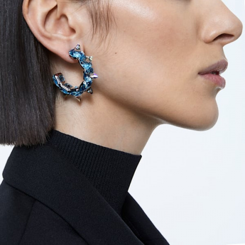 Chroma hoop earrings, Blue, Rhodium plated