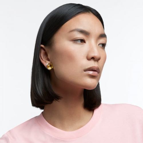 Harmonia stud earrings, Cushion cut crystals, Yellow, Rhodium plated