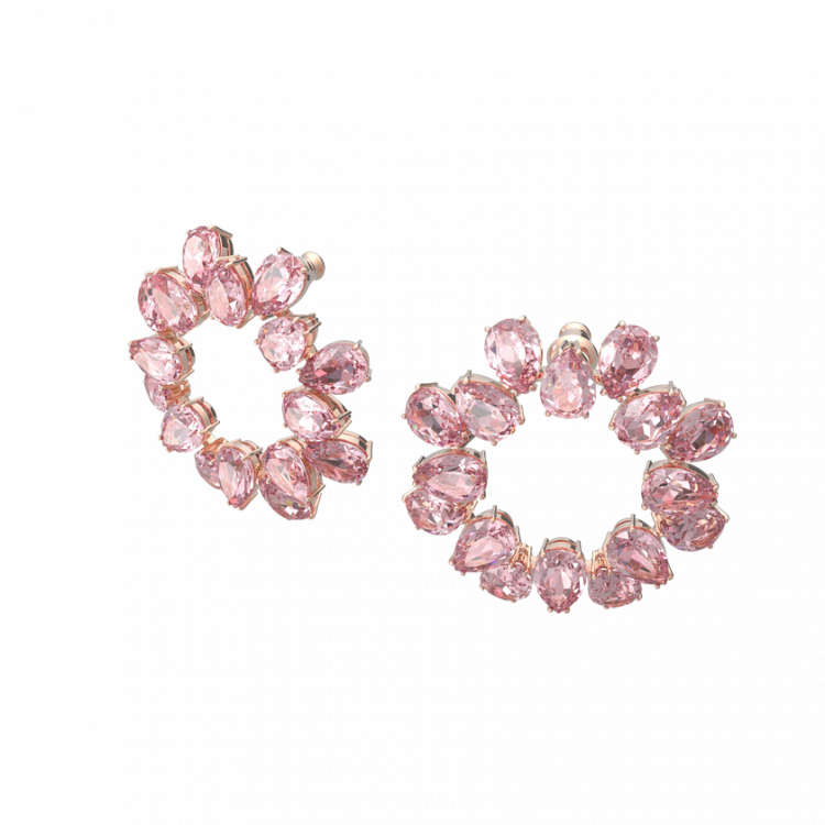 Millenia hoop earrings, Pear cut crystals, Pink, Rose gold-tone plated