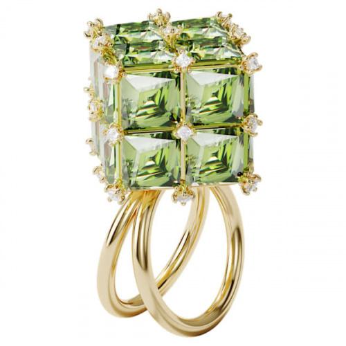 Curiosa cocktail ring, Square, Green, Gold-tone