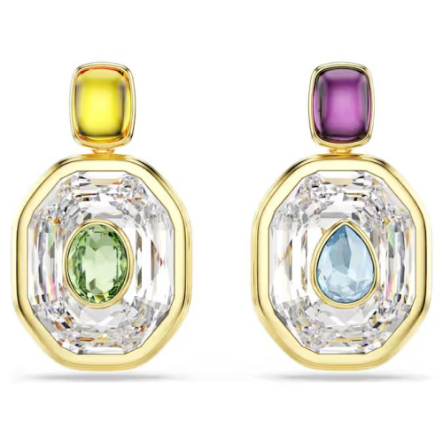 Chroma drop earrings Asymmetrical design, Octagon cut, Multicolored, Gold-tone plated