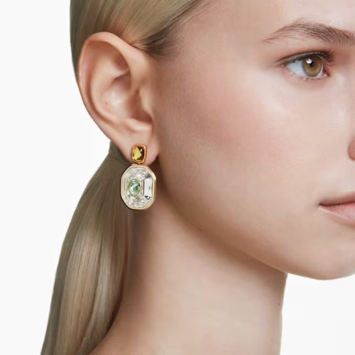 Chroma drop earrings Asymmetrical design, Octagon cut, Multicolored, Gold-tone plated