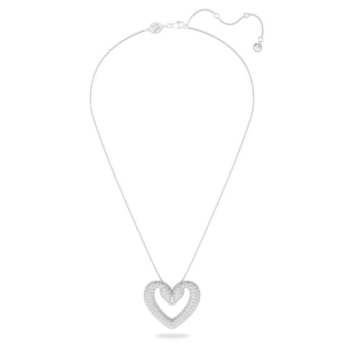 Una pendant, Heart, Medium, White, Rhodium plated