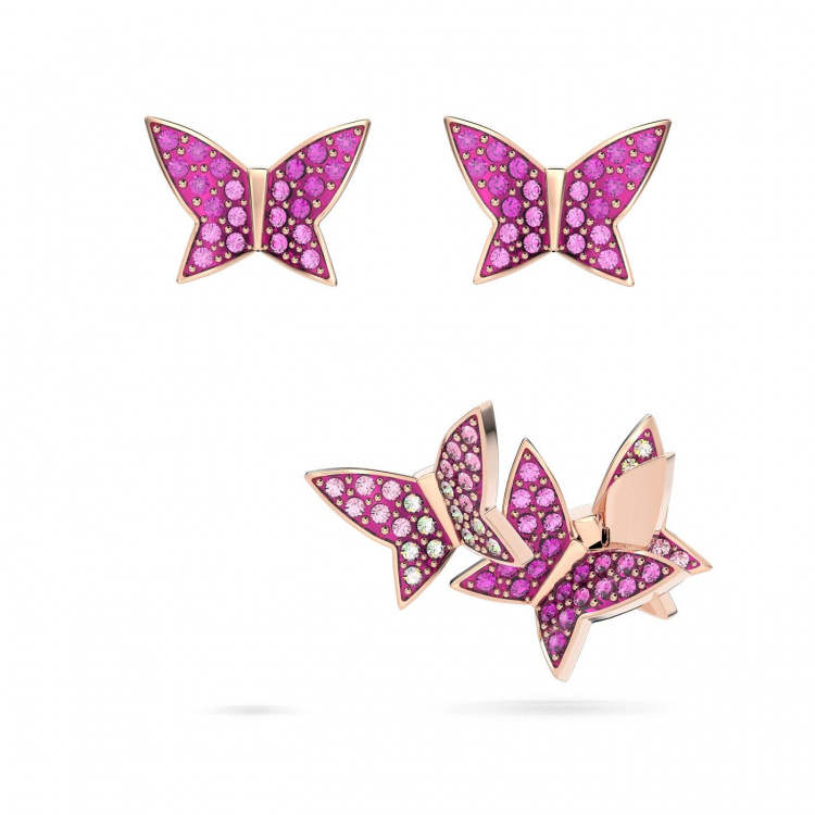 Lilia stud earrings, Set (3), Butterfly, Pink, Rose gold-tone