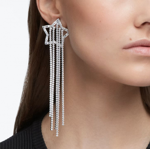 Stella clip earrings, Star, White, Rhodium plated