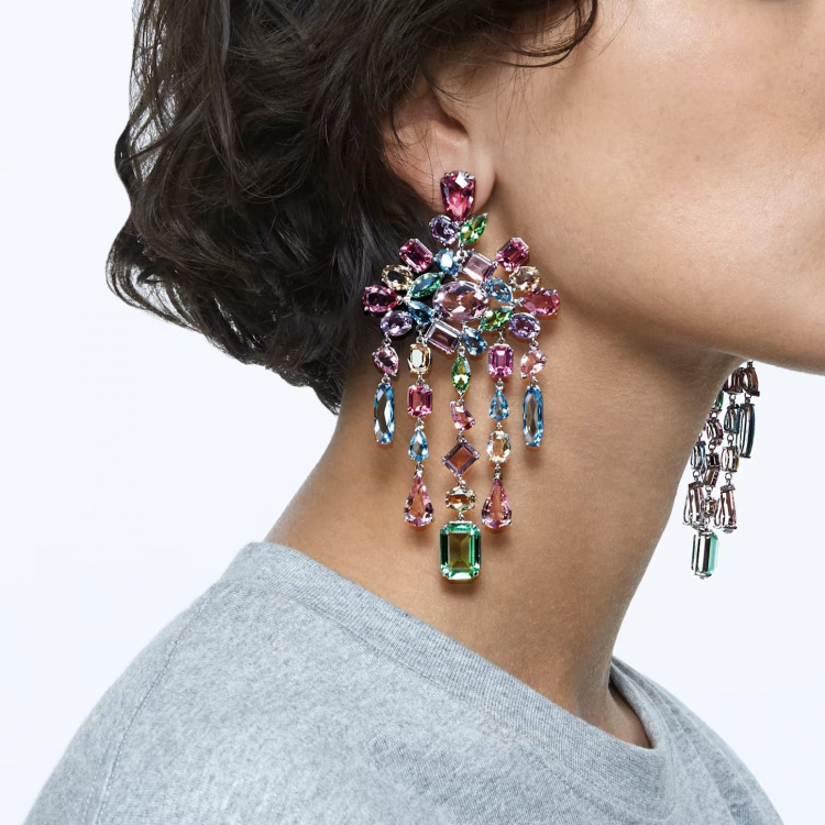 Gema clip earrings, Chandelier, Multicolored, Rhodium