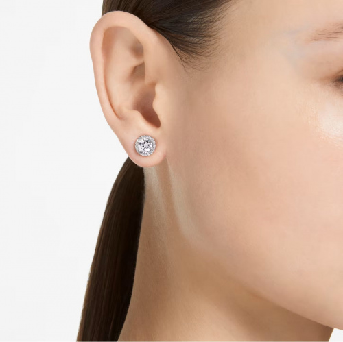 Constella stud earrings, Round cut, Pavé, White, Rhodium