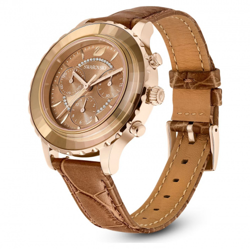 Octea Lux Chrono watch, Leather strap, Brown, Gold-tone finish