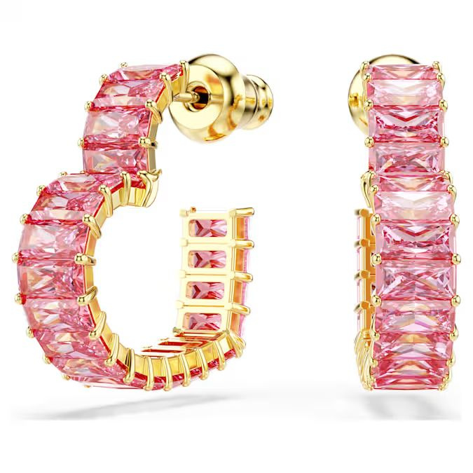 Matrix hoop earrings Baguette cut, Heart, Small, Pink, Gold-tone plated