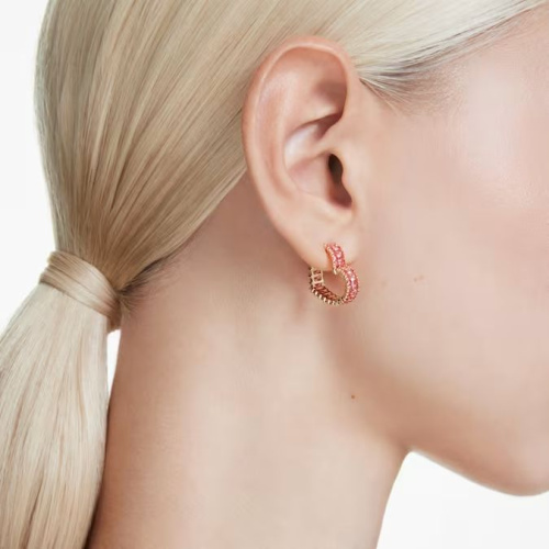 Matrix hoop earrings Baguette cut, Heart, Small, Pink, Gold-tone plated